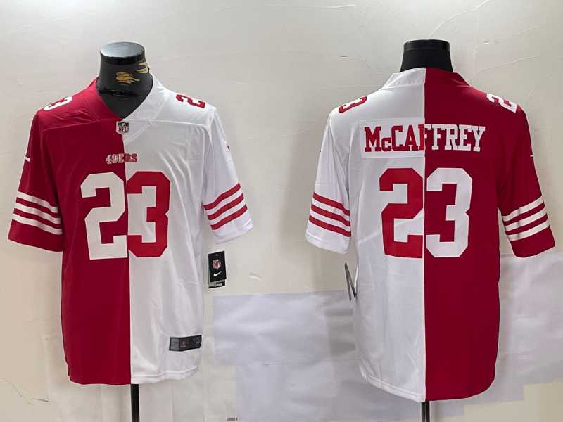 Mens San Francisco 49ers #23 Christian McCaffrey Red White Split Vapor Limited Stitched Jersey Dzhi